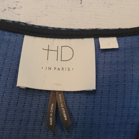 HD in Paris Size L Anthropologie Navy Blue Geometric Dot Wrap Dress 3/4 Sleeve - Picture 7 of 9